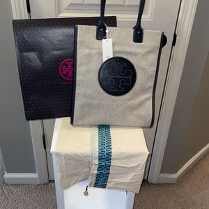 Tory Burch Ella Canvas N/S Tote, Natural / Tory Navy / Size OS / NWT /